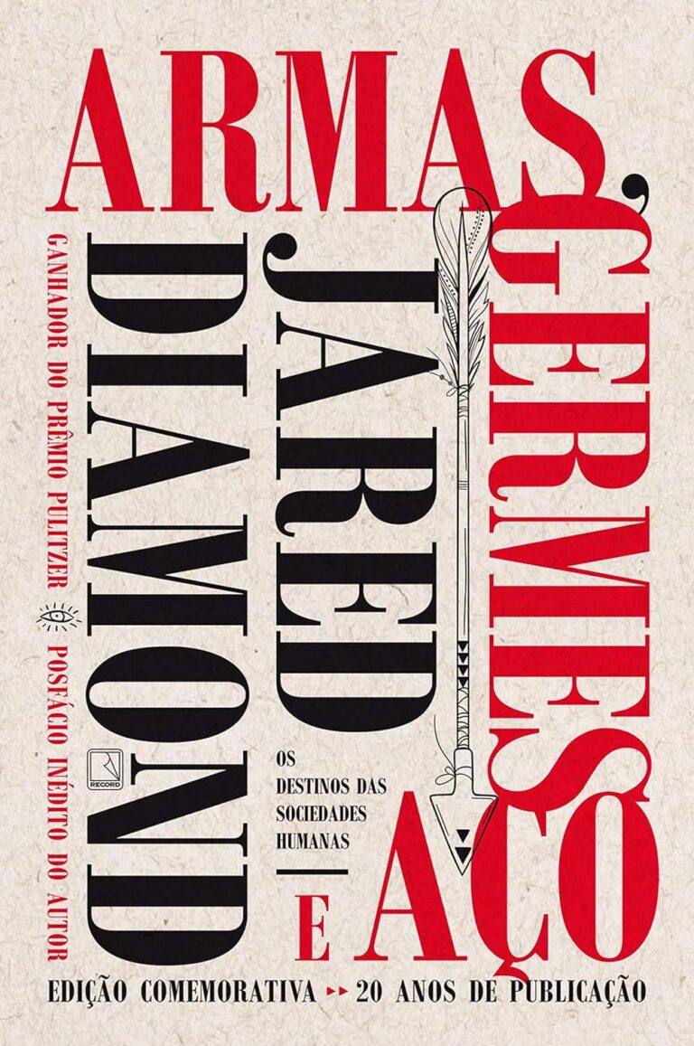 A imagem é a capa do livro Armas, Germes e Aço: Os Destinos das Sociedades Humanas, escrito por Jared Diamond. O fundo tem uma textura que lembra papel reciclado, de cor bege, e o título é dividido em duas cores e fontes marcantes. A palavra "Armas" e as palavras "Germes e Aço" estão em letras grandes, vermelhas, e dispostas na vertical, ocupando o lado direito da capa. No centro, em letras pretas grandes, está o nome do autor, "Jared Diamond", também na vertical. Ao lado do nome do autor, há uma ilustração de uma flecha que separa as palavras, reforçando o tema do livro. No canto esquerdo, em letras menores e vermelhas, está escrito "Ganhador do Prêmio Pulitzer" e "Posfácio Inédito do Autor". Na parte inferior, lê-se "Edição Comemorativa – 20 Anos de Publicação", indicando uma edição especial do livro. O logotipo da editora Record aparece no canto inferior esquerdo.