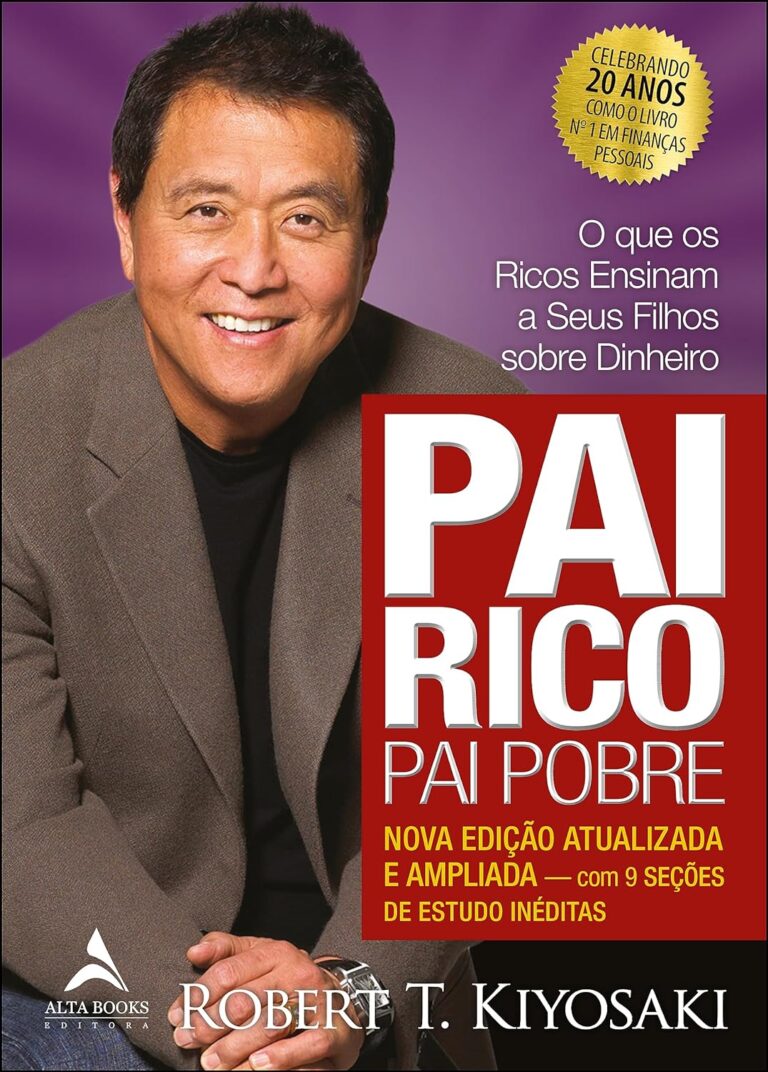 A imagem é a capa do livro Pai Rico, Pai Pobre, de Robert T. Kiyosaki. A capa apresenta uma foto do autor, Robert Kiyosaki, sorrindo, vestindo um blazer cinza com uma camisa preta, posicionado no lado esquerdo da imagem. O fundo é roxo, e no lado direito está o título em letras grandes: "Pai Rico Pai Pobre", em branco, dentro de um retângulo vermelho. Abaixo do título, há um texto em amarelo que diz: "Nova edição atualizada e ampliada — com 9 seções de estudo inéditas". Acima do título, há uma frase que diz: "O que os ricos ensinam a seus filhos sobre dinheiro". No canto superior direito, dentro de um selo dourado em formato de estrela, está o texto: "Celebrando 20 anos como o livro nº 1 em finanças pessoais". No canto inferior esquerdo, o logotipo da editora Alta Books está em branco, e no rodapé, está o nome do autor, Robert T. Kiyosaki, em letras grandes e brancas.